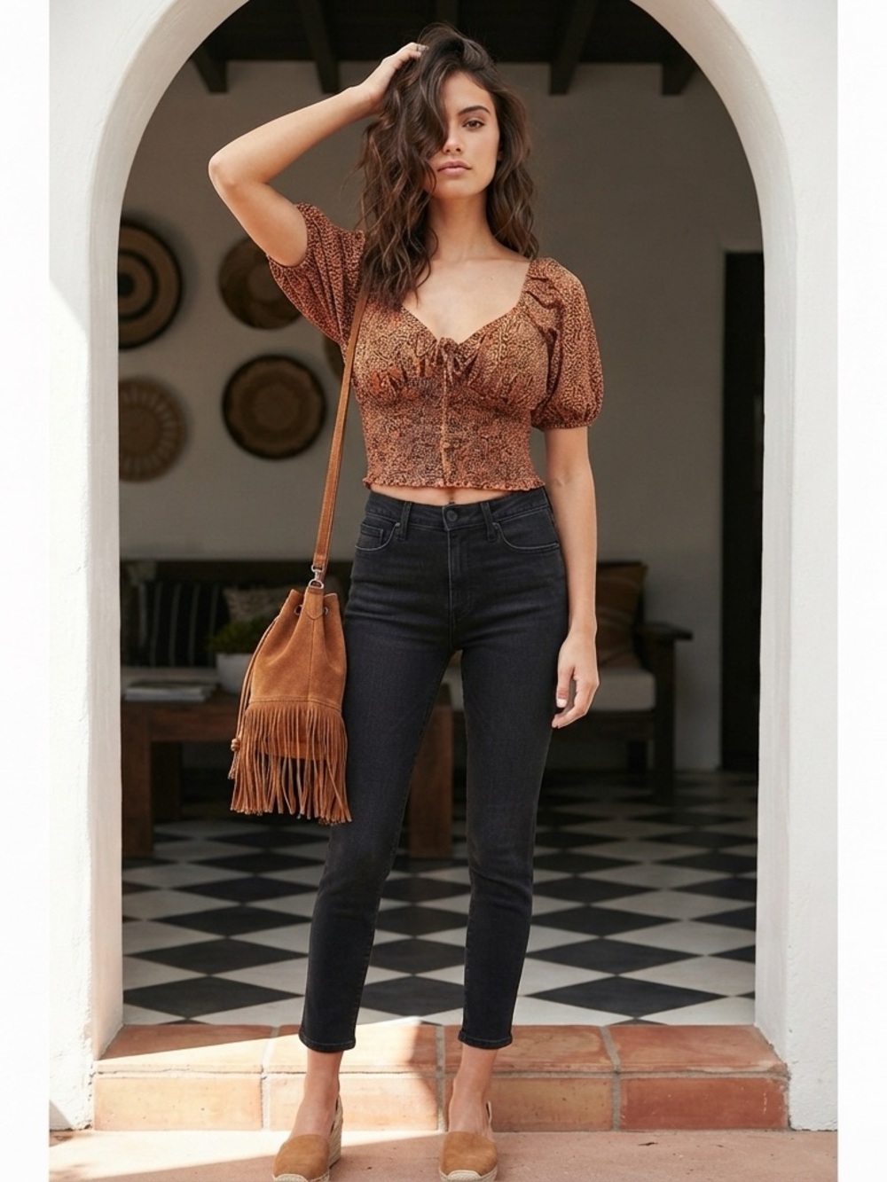 Billabong Juniors Sz Large Orange Black Animal Print Smocked Cropped Top